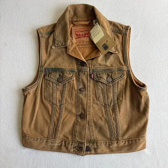 NWT Levis Womens Denim Trucker Vest Brown Garment Dye Button Front Cotton XS - Picture 1 of 8